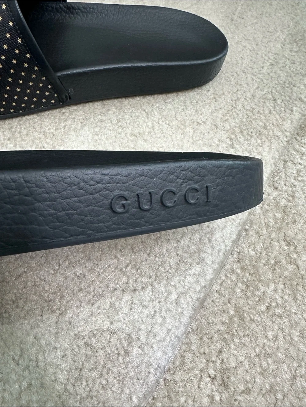 GUCCI GUCCY SEGA STARS BLACK GOLD MEN LEATHER RUBBER SLIDES SZ 11